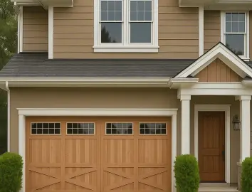 Mission style wood garage door on home